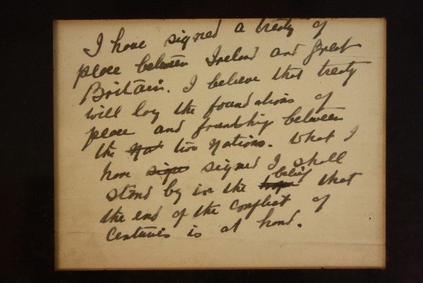 museum.ie/en-IE/Collecti… 
This note, hastily written by Arthur Griffith, was the first message to the public on the outcome of the negotiations which led to the Anglo-Irish Treaty of 1921. Written for issue to the World Press immediately after signing the Treaty on 6 December,