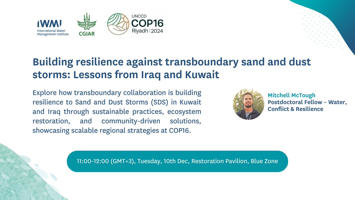 IWMI (@iwmi_) on Twitter photo Join IWMI at the "Building resilience against transboundary sand and dust storms: Lessons from Iraq and Kuwait” session with the <a href="/UNCCD/">UN Land and Drought</a> at @COP16Riyadh!
For more information on IWMI sessions, visit 👉 on.cgiar.org/41c8MBd Join IWMI at the "Building resilience against transboundary sand and dust storms: Lessons from Iraq and Kuwait” session with the <a href="/UNCCD/">UN Land and Drought</a> at @COP16Riyadh!
For more information on IWMI sessions, visit 👉 on.cgiar.org/41c8MBd