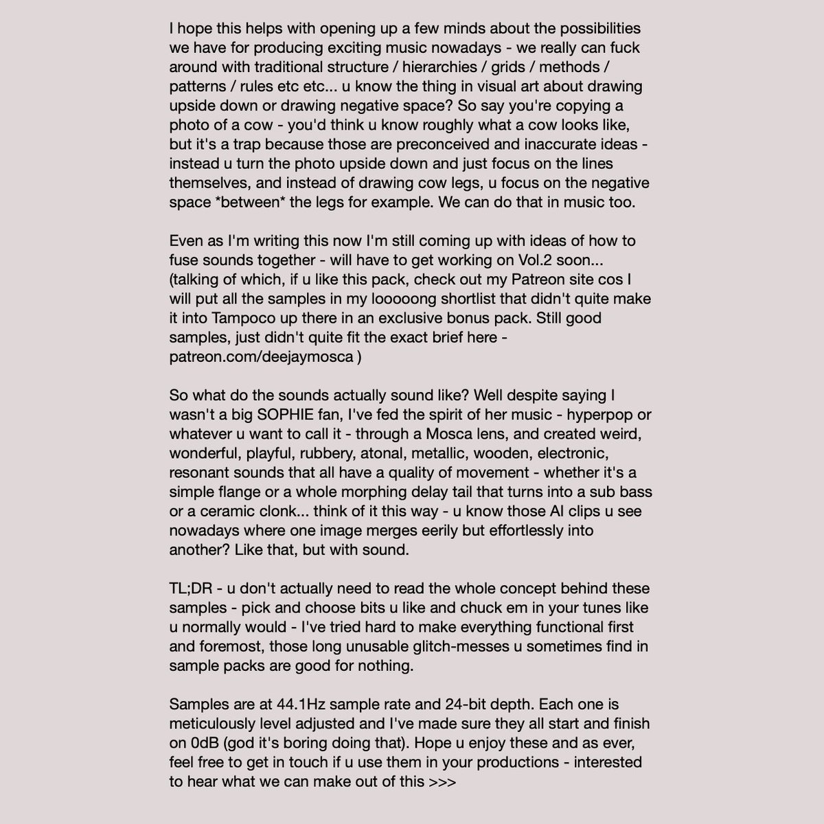 Read the description of my new sample pack where I talk about SOPHIE, drawing negative cow legs, music terminology, AI etc... rent.bandcamp.com/album/tampoco-…