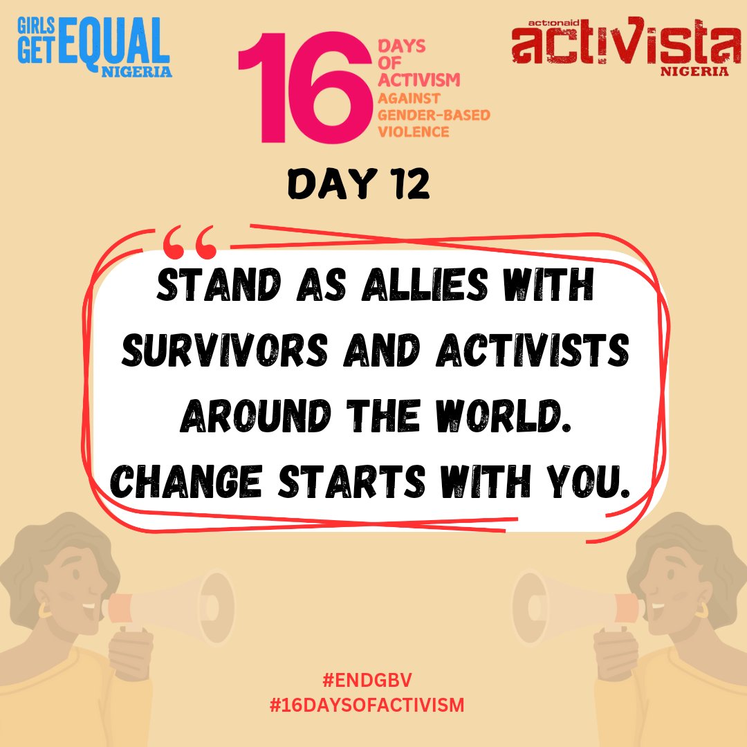 ACTIVISTAFCT's tweet photo. Day 12
Stand as allies with survivors and activists around the world. Change starts with you.
#Ideywithher
#NoExcuse
#NigerianWomenMatter
#EndGBV
#OrangetheWorld
#YouthForChange
#YouthEmpowerment #FeminismInAction
#UniteToEnd https://t.co/dIahaFpiCZ