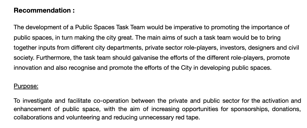 RashiqFataar's tweet image. In 2016, @ofuturecities recommended the creation of of a Public Spaces Task Team, which brings together public, private and civil society resources to activate and enhance Cape Town's public realm.

#placemaking #citymaking #publicspaces