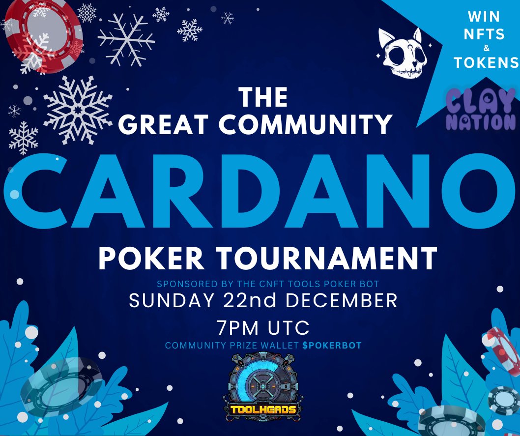 CNFT Tools (@cnfttools) on Twitter photo 🎄 The Great Community Cardano Poker Tournament is heating up! 🎄
Shoutout to the projects signed up already:
<a href="/TheEliteCatsNFT/">The Elite Cats</a> <a href="/claymates/">Clay Nation</a> <a href="/SlapVentures/">Slap!💥</a> <a href="/StagAlliance/">Stag Alliance | Elderworld</a> @keyboardWIC <a href="/BeartoothSaloon/">Beartooth Mountain Saloon</a> <a href="/hoolabs_io/">Hoolabs.io</a> @DGAFCOIN @squeakkoin <a href="/fren_ada/">$FREN</a> @bankcoinada <a href="/ADragonAlliance/">Ancient Dragon Alliance</a> 🎄 The Great Community Cardano Poker Tournament is heating up! 🎄
Shoutout to the projects signed up already:
<a href="/TheEliteCatsNFT/">The Elite Cats</a> <a href="/claymates/">Clay Nation</a> <a href="/SlapVentures/">Slap!💥</a> <a href="/StagAlliance/">Stag Alliance | Elderworld</a> @keyboardWIC <a href="/BeartoothSaloon/">Beartooth Mountain Saloon</a> <a href="/hoolabs_io/">Hoolabs.io</a> @DGAFCOIN @squeakkoin <a href="/fren_ada/">$FREN</a> @bankcoinada <a href="/ADragonAlliance/">Ancient Dragon Alliance</a>