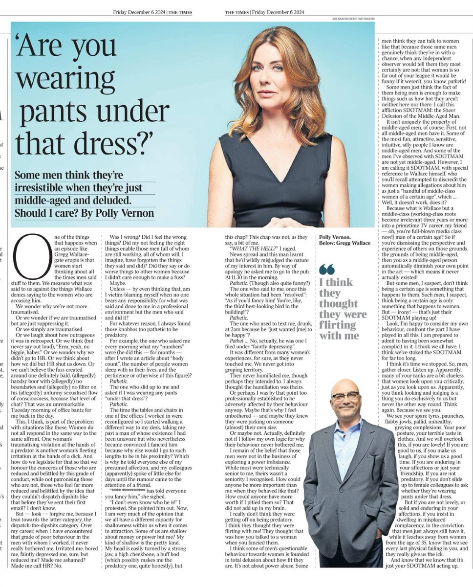 Good piece by <a href="/PollyVernon/">Polly Vernon</a> 

I really can’t comprehend the male mentality in these cases. I work with three girls. I wouldn’t dare touch them or say anything inappropriate. It’s just.. wrong. I suppose other blokes think that what I consider inappropriate is just harmless bantz.