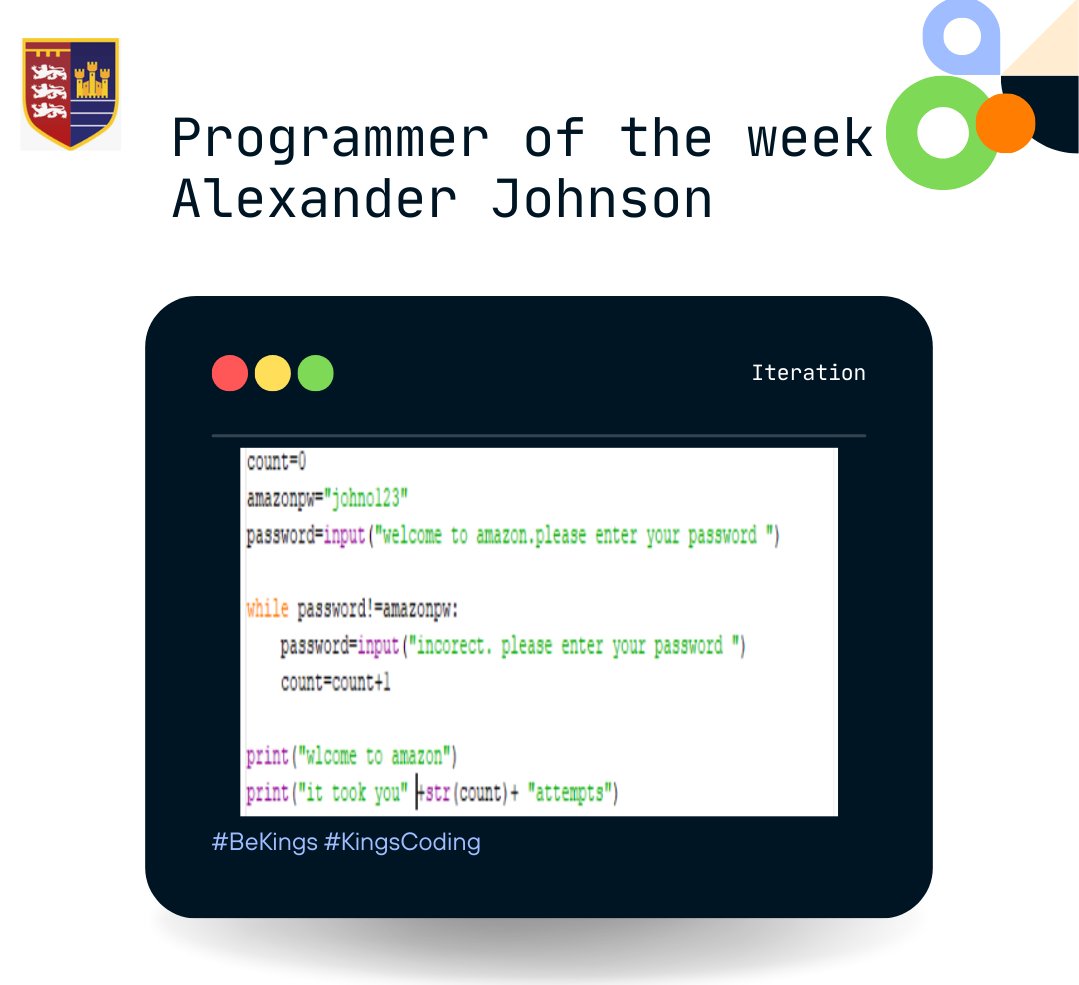 PATKingsSchool's tweet image. ๐ป Congratulations to our Programmer of the Week, Alexander Johnson! #BeKings #KingsCoding #ProgrammerOfTheWeek