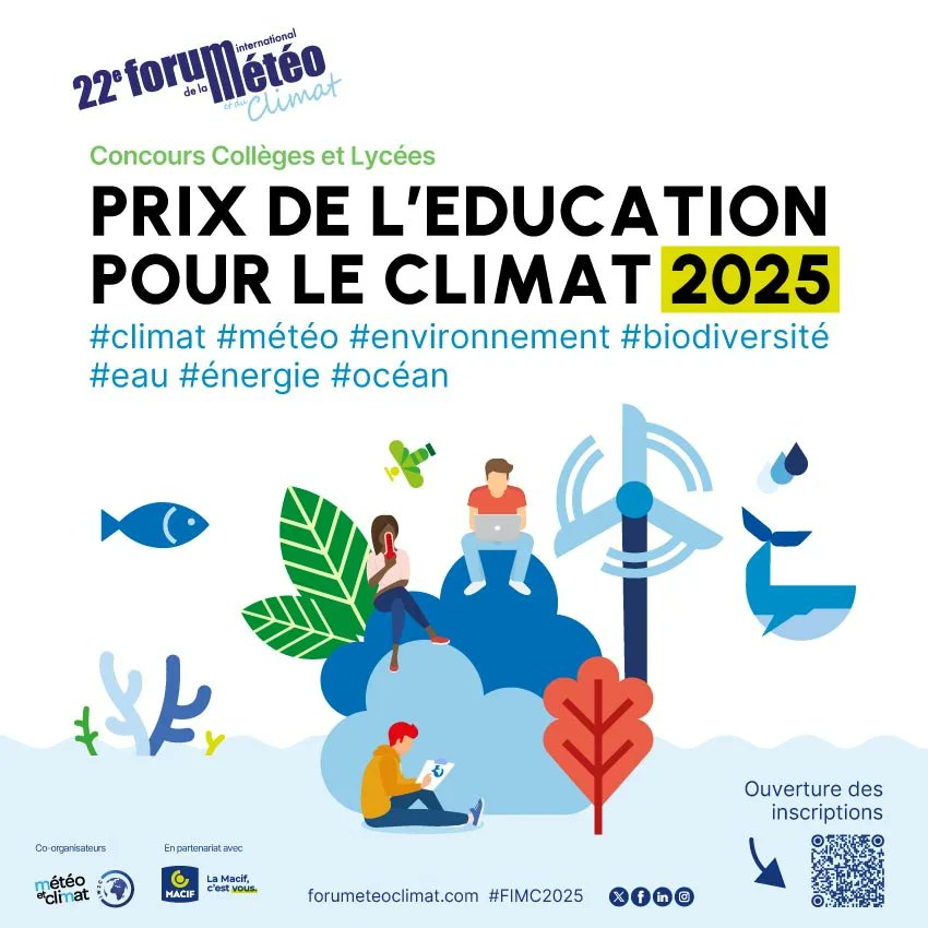 📣 Les candidatures pour le Prix de l’Éducation pour le #Climat sont ouvertes jusqu'au 31 mars
➡️ shorturl.at/ySl1p

🏅 Ce prix est organisé dans le cadre du <a href="/Forumeteoclimat/">Forum Météo Climat #FIMC2025 🌎</a> avec <a href="/MacifAssurances/">Macif</a> et valorise les projets pédagogiques en lien avec les enjeux climatiques