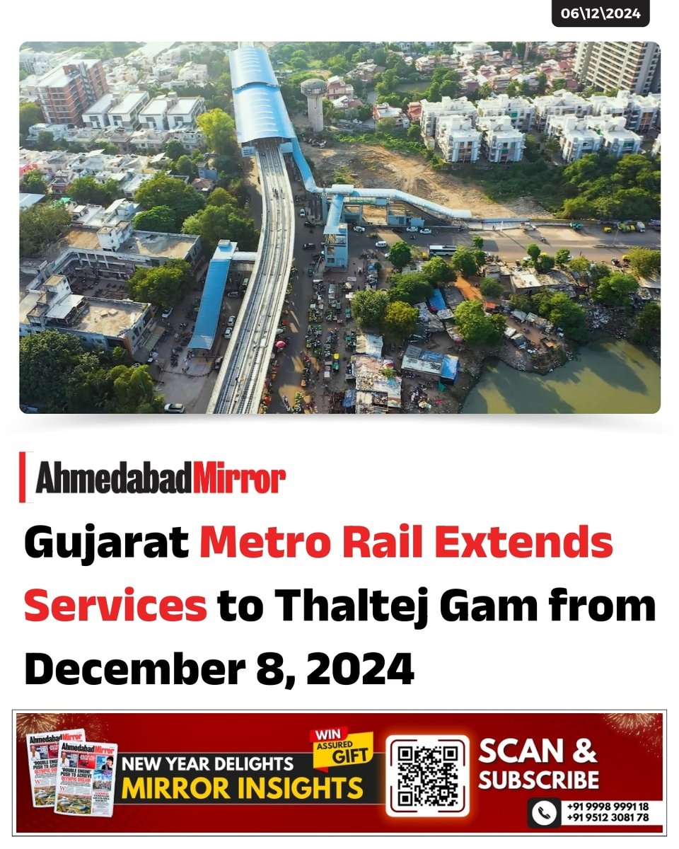ahmedabadmirror's tweet image. Exciting news for Metro commuters! Gujarat Metro Rail Corporation (GMRC) Ltd. has announced the extension of Metro train services from Vastral Gam to Thaltej Gam, effective December 8, 2024.

#GujaratMetro #MetroExtension #ThaltejGam #GMRC #PublicTransport  #AhmedabadNews