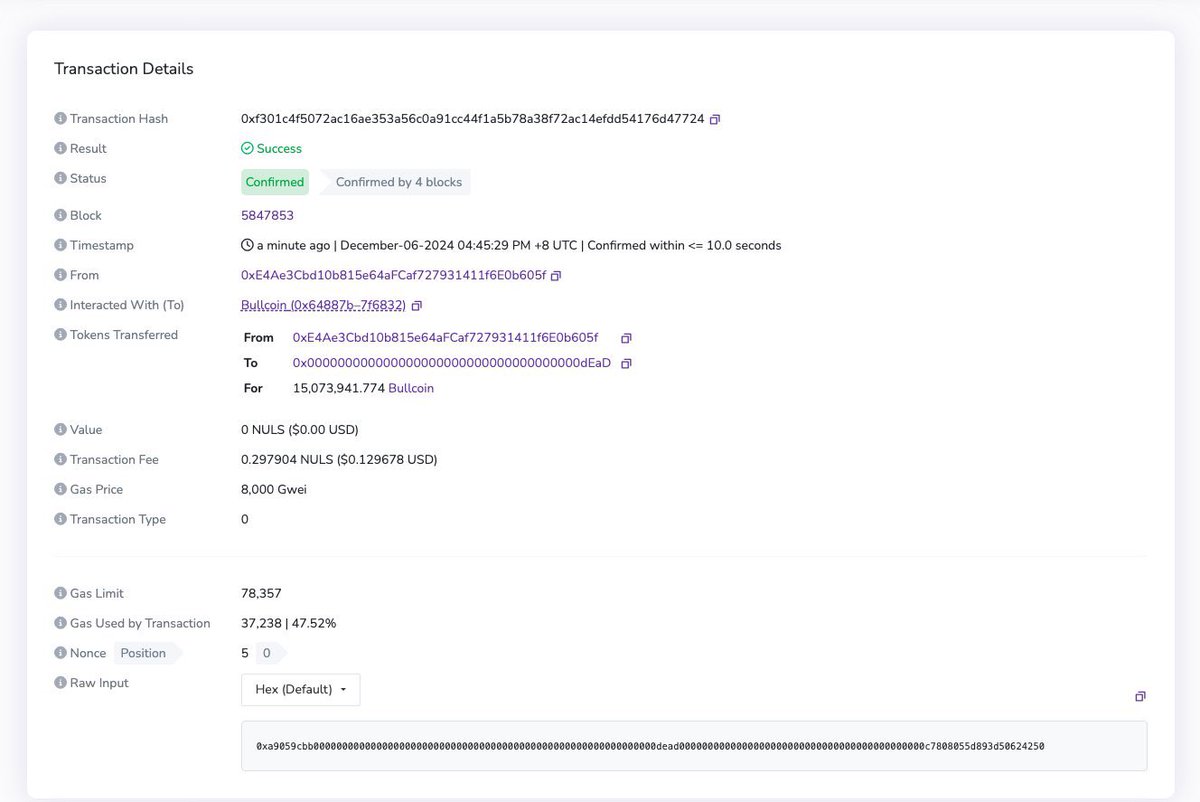 TagAIDAO's tweet photo. The news: We used 1000 $NULS to purchase 15.07M $BullCoin and burn it.
https://t.co/PyWNIxuouO
This is just the beginning, with weekly buybacks. ENULS Ecosystem MemeCoin season — let’s celebrate together! https://t.co/SMINxJXsvg