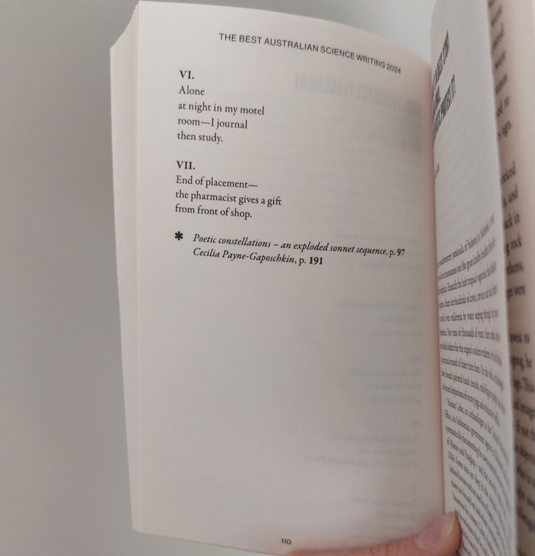 My #poem in The Best Australian Science Writing 2024 presents memories from a rural placement I did during my BPharm. The placement took place on Bunurong Country. I'm thrilled that this piece has been included in BASW &amp; that the release date was in Nov: #NationalRuralHealthMonth