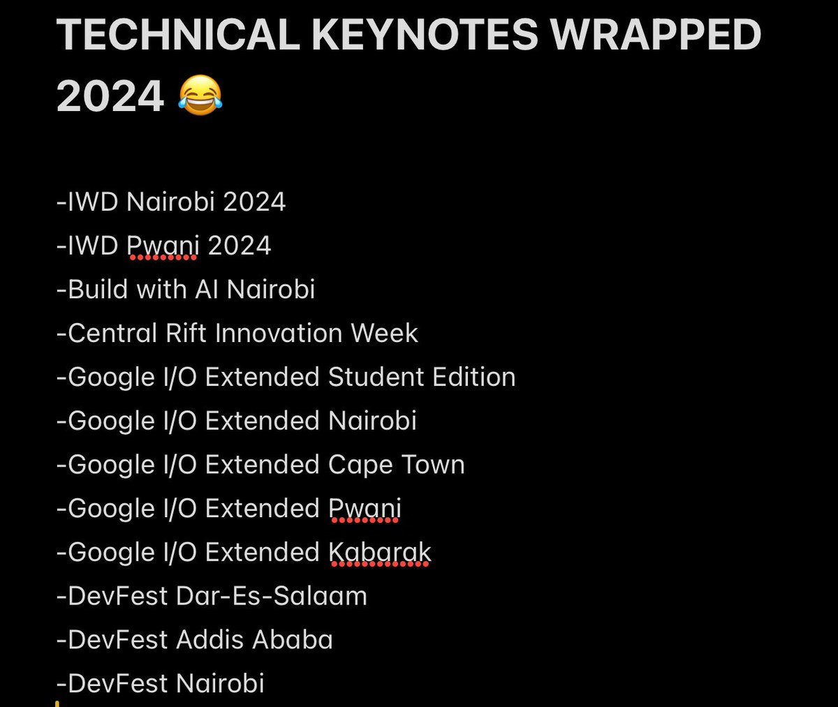 Variable_Denise (@deniseallela) on Twitter photo Technical keynotes wrapped for 2024 😅😂
I don’t have Spotify so why not share this instead
<a href="/GDG_Pwani/">GDG Pwani</a> <a href="/GDGCapeTown/">GDG Cape Town 🇿🇦</a> <a href="/GDGDarEsSalaam/">GDG Dar es Salaam</a> <a href="/GDGAddis/">GDG Addis</a> <a href="/WTM_Pwani/">Women Techmakers Pwani</a> <a href="/WTMNairobi/">Women Techmakers Nrb</a> <a href="/googledevs/">Google for Developers</a> Technical keynotes wrapped for 2024 😅😂
I don’t have Spotify so why not share this instead
<a href="/GDG_Pwani/">GDG Pwani</a> <a href="/GDGCapeTown/">GDG Cape Town 🇿🇦</a> <a href="/GDGDarEsSalaam/">GDG Dar es Salaam</a> <a href="/GDGAddis/">GDG Addis</a> <a href="/WTM_Pwani/">Women Techmakers Pwani</a> <a href="/WTMNairobi/">Women Techmakers Nrb</a> <a href="/googledevs/">Google for Developers</a>