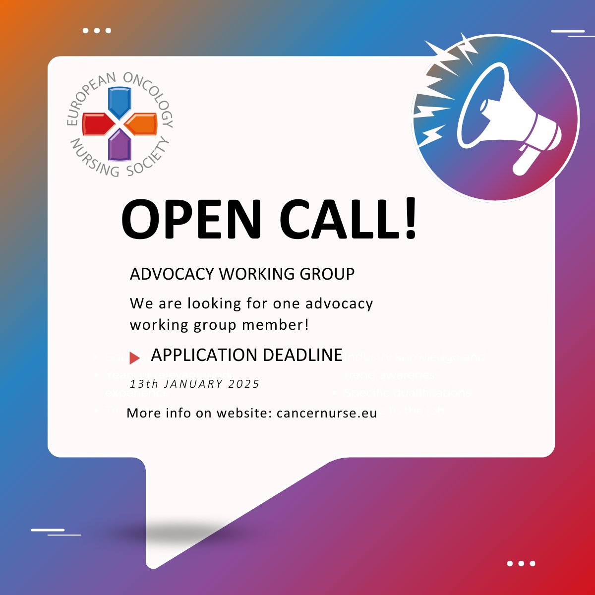 @cancernurseEU (@cancernurseeu) on Twitter photo Are you passionate about advocacy? The EONS Advocacy Working Group is looking for a new member to help promote cancer nursing & care across EU.
Deadline: 13 January'25
Email your CV and motivation letter to eons.secretariat@cancernurse.eu
Find out more: shorturl.at/7fM3r Are you passionate about advocacy? The EONS Advocacy Working Group is looking for a new member to help promote cancer nursing & care across EU.
Deadline: 13 January'25
Email your CV and motivation letter to eons.secretariat@cancernurse.eu
Find out more: shorturl.at/7fM3r