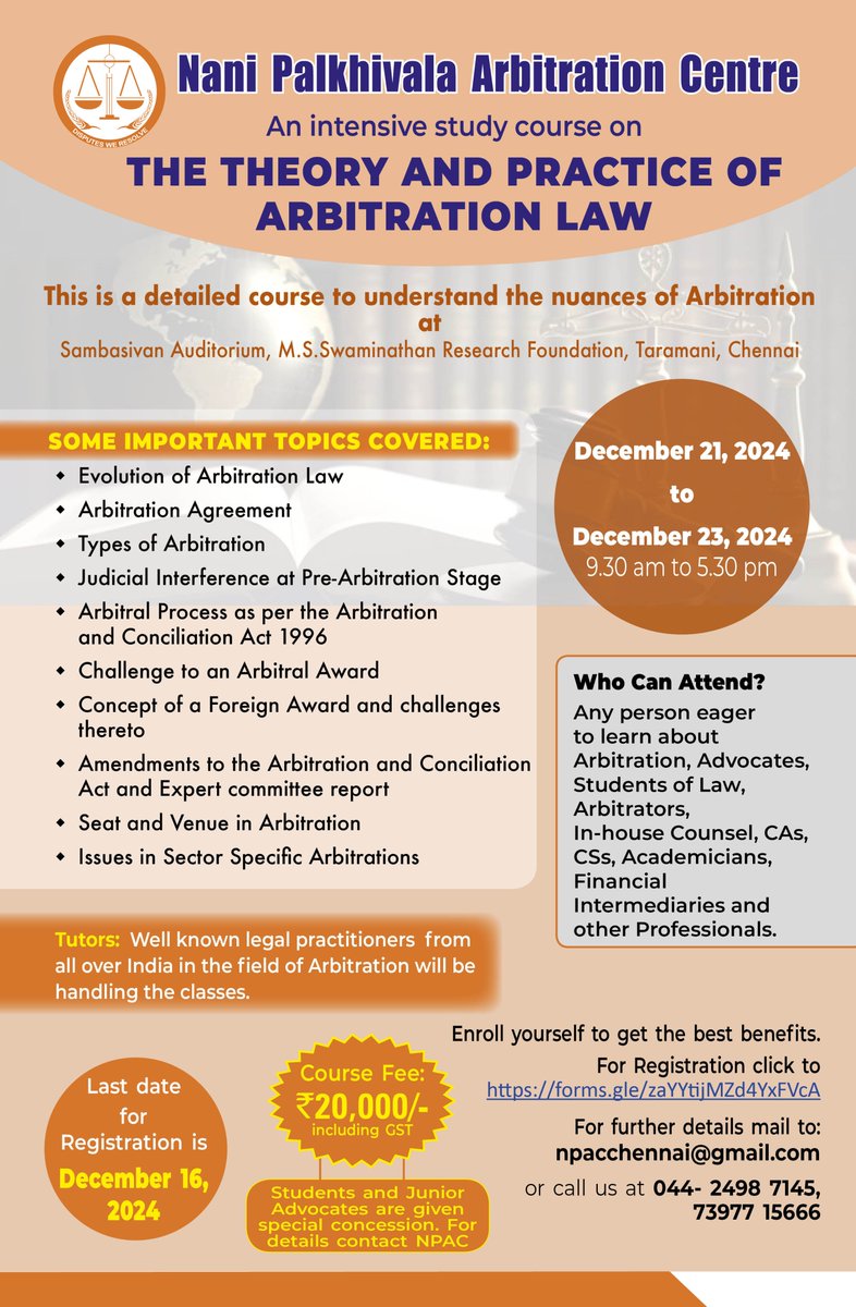 NPACARBITRATION's tweet photo. NPAC is conducting an intensive study course on 'The Theory and Practice of Arbitration Law' on December 21, 22, &amp; 23, 2024. (Brochure Attached)
Link for Registration: https://t.co/yi1MWLmeNr
For details contact npacchennai@gmail.com https://t.co/5cjwMFH9gq