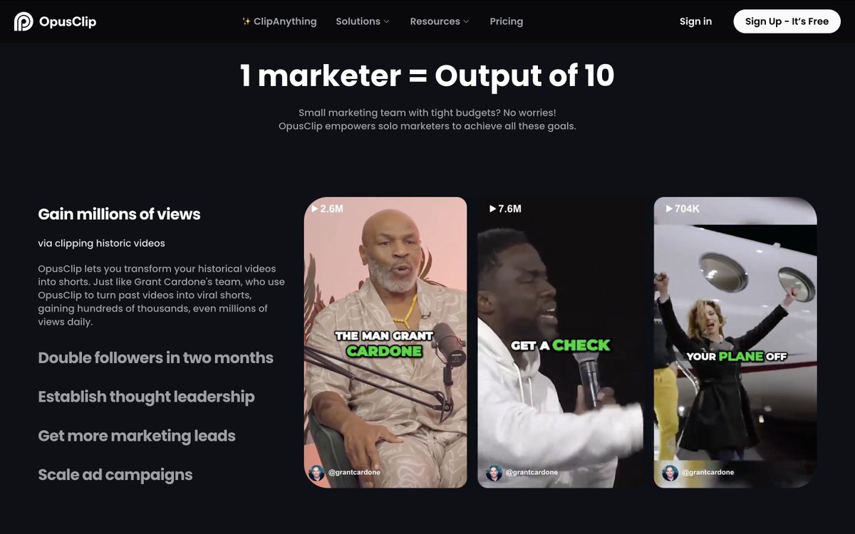 LandingRabbit's tweet photo. @drksrdg @wistia It’s not actually that easy to find great examples – other than video editing tool websites. Some add a longer video to the hero (check @macawhq). 

@OpusClip’s page for marketers is an example of great copywriting and showing their product in action with videos 👇 https://t.co/LB2SJTYuOU