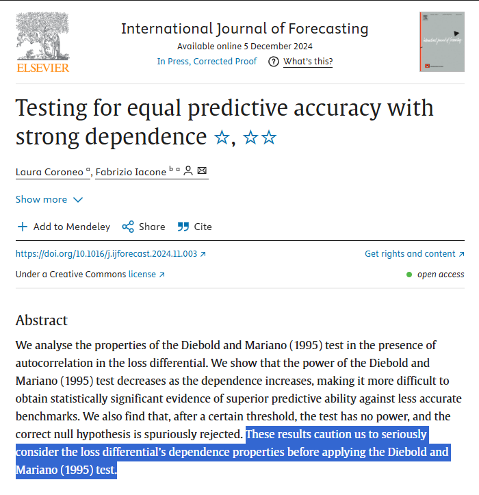 LCoroneo's tweet image. 📢My latest publication, &quot;Testing for Equal Predictive Accuracy with Strong Dependence&quot;, explores the limits of the Diebold-Mariano test in the presence of autocorrelation in the loss differential.

👉ttps://doi.org/10.1016/j.ijforecast.2024.11.003

#Forecasting #Econometrics