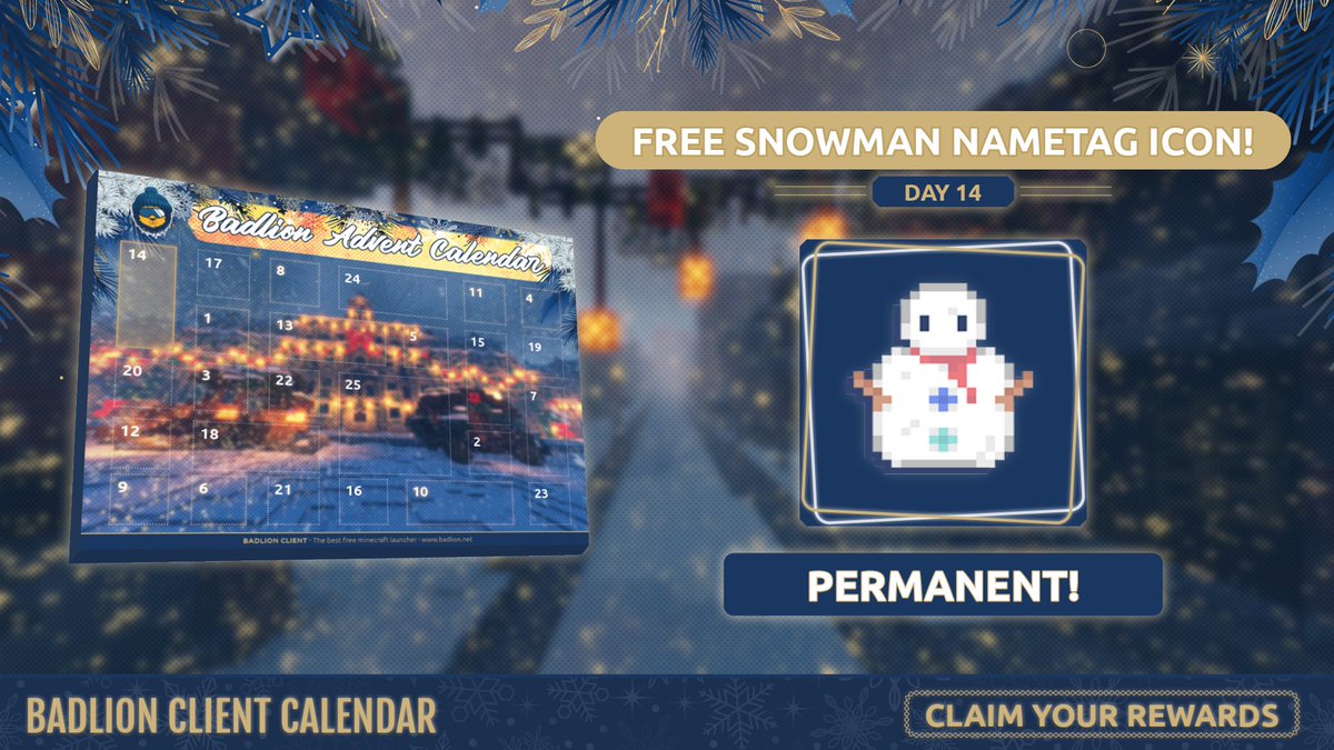 badlionclient's tweet photo. DAY 14 - Unlock a FREE Snowman Icon! 🎁

Claim here: https://t.co/S5xswvKoZ5 https://t.co/uDXvy8b6A9
