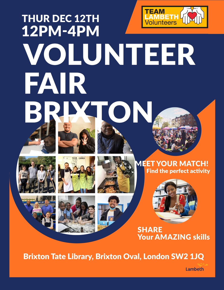 🌟✨ Volunteer Fair in Lambeth! ✨🌟

🗓️ Thursday, December 12th
⏰ 12 PM - 4 PM
📍 Brixton Tate Library, SW2 1JQ

Ready to make a difference? Join Team Lambeth at the Volunteer Fair and meet your match! Whether you want to share your skills or discover something new, this event