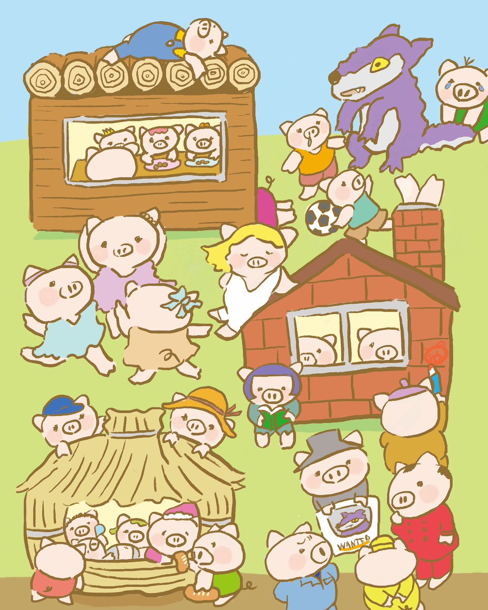 sudachick's tweet photo. 30匹のこぶた　Thirty Little Pigs
もしも「３匹のこぶた」のこぶたが30匹いたらこんな感じです。
#イラスト #illustration #絵本 #picturebook #小豚 #こぶた #piglet #littlepig #3匹のこぶた #threelittlepigs #童話 #fairytale #子ども #children #10倍シリーズ https://t.co/ZgL9azWkzB