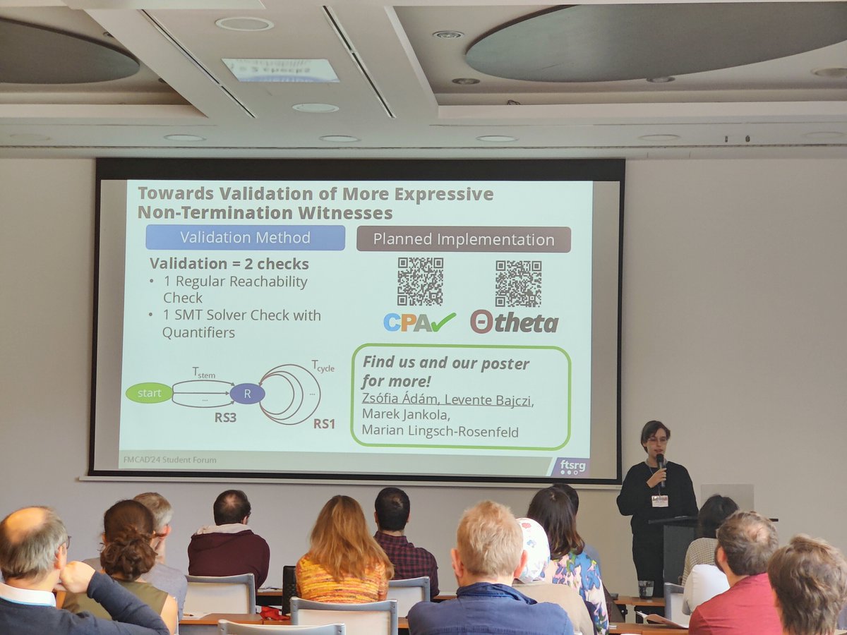 ftsrg_bme's tweet photo. Four of our MSc and PhD students presented their work at the FMCAD 2024 Student Forum. The topic of the conference is hardware and system verification. Our students' research focuses on software verification. More information:  https://t.co/jWRmvrakMg https://t.co/fg4pRI36m2