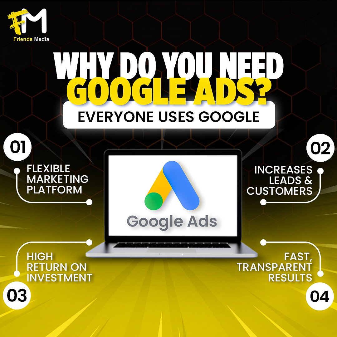 friendmedia's tweet image. Why Do You Need Google Ads? 🚀
1️⃣ Flexible Marketing Platform
2️⃣ Increases Leads &amp;amp; Customers
3️⃣ High Return on Investment
4️⃣ Fast, Transparent Results

Leverage the power of Google to grow your business with Friends Media! 🌐

#GoogleAds #DigitalMarketing #FriendsMedia #PPC