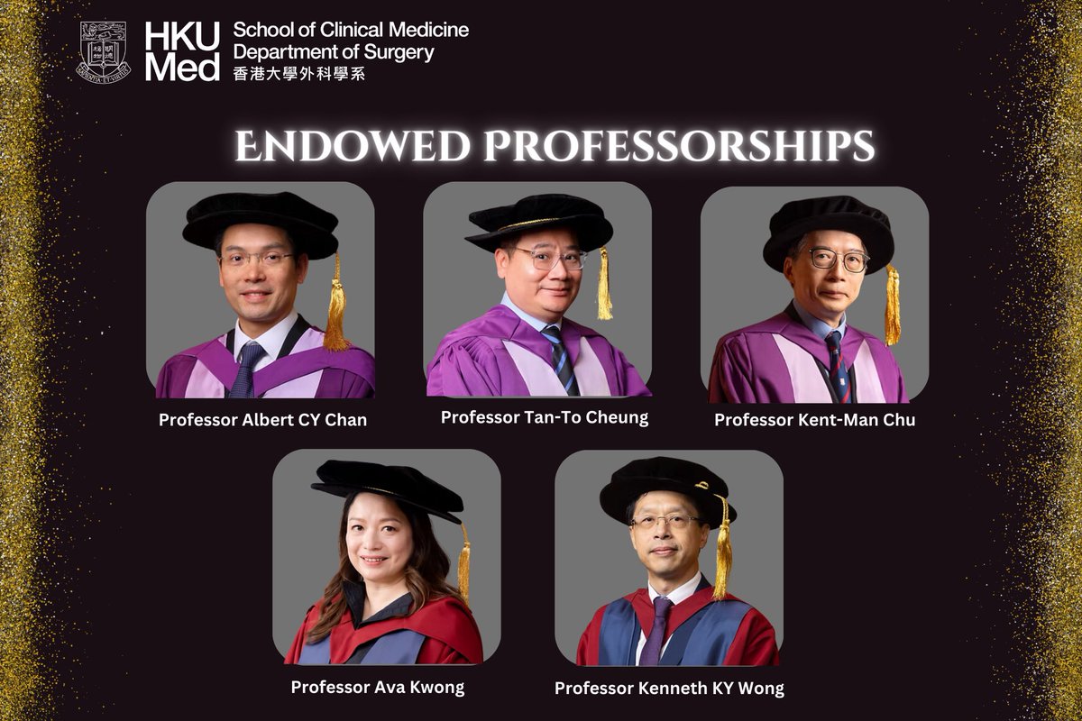 HKUSurgery's tweet photo. We are deeply honored to share that five of our esteemed academics were appointed to Endowed Professorships by HKU on 25 November, 2024. This award not only recognizes their remarkable contributions in the past but also provides vital support for their ongoing work in their respective fields.

Congratulations to the following faculty members for their appointments:
𝐏𝐫𝐨𝐟𝐞𝐬𝐬𝐨𝐫 𝐀𝐥𝐛𝐞𝐫𝐭 𝐂 𝐘 𝐂𝐡𝐚𝐧 was named the Li Shu Fan Medical Foundation Professorship in Surgery
𝐏𝐫𝐨𝐟𝐞𝐬𝐬𝐨𝐫 𝐓𝐚𝐧-𝐓𝐨 𝐂𝐡𝐞𝐮𝐧𝐠 was named the Anthony and Anne Cheung Professorship in Innovative and Minimally Invasive Surgery
𝐏𝐫𝐨𝐟𝐞𝐬𝐬𝐨𝐫 𝐊𝐞𝐧𝐭-𝐌𝐚𝐧 𝐂𝐡𝐮 was named the Pollyanna Chung and Eric Cheung Professorship in Surgical Oncology
𝐏𝐫𝐨𝐟𝐞𝐬𝐬𝐨𝐫 𝐀𝐯𝐚 𝐊𝐰𝐨𝐧𝐠 was named the Daniel C K Yu Professorship in Breast Cancer Research
𝐏𝐫𝐨𝐟𝐞𝐬𝐬𝐨𝐫 𝐊𝐞𝐧𝐧𝐞𝐭��� 𝐊 𝐘 𝐖𝐨𝐧𝐠 was the named Li Shu-Pui Professorship in Surgery

In addition to our existing Endowed Professors – Professor Stephen W K Cheng, Professor Simon Y K Law, Professor Gilberto K K Leung and Professor Chung-Mau Lo – we now have nine faculty members holding named endowed professorships in the Department. We are sincerely grateful for this recognition, which drives us to push the boundaries and excel in our fields.
@HKUSurgery #endowedprofessorships @HKUMed @hku