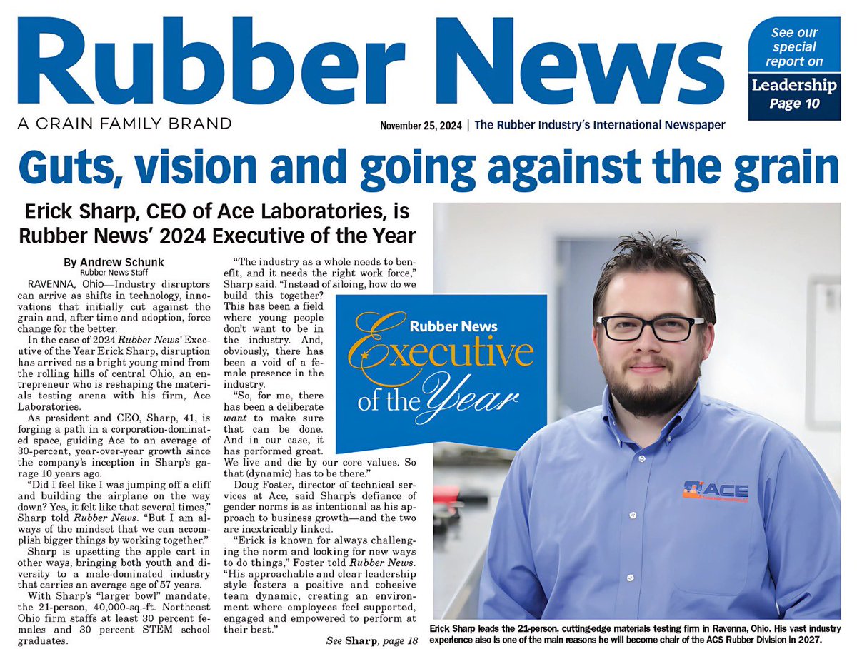 ACE Laboratories (@acelaboratories) on Twitter photo Today we’re so proud to celebrate our CEO and Founder, Erick Sharp, being named <a href="/RubberNews/">Rubber News</a> 2024 Executive of the Year, featured on the front page of their latest issue! 👏
Read the full article in #RubberNews:
📰 rubbernews.com/this-week-issu…
#RubberIndustry #RubberTesting Today we’re so proud to celebrate our CEO and Founder, Erick Sharp, being named <a href="/RubberNews/">Rubber News</a> 2024 Executive of the Year, featured on the front page of their latest issue! 👏
Read the full article in #RubberNews:
📰 rubbernews.com/this-week-issu…
#RubberIndustry #RubberTesting