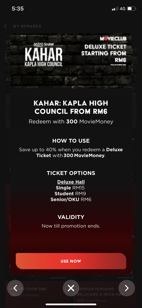 jjkrn_'s tweet photo. anyone yang nak pergi tonton Kahar: Kapla High Council pi lah beli ticket guna TGV app/website. you can get 15rm per ticket for (single seat only)(Deluxe Hall) using only 300 MovieMoney per ticket. #TGV #KaharKaplaHighCouncil #HighCouncilMovie #Kahar #Bejar #Megat @Razaisyam https://t.co/ivIKbD9evg