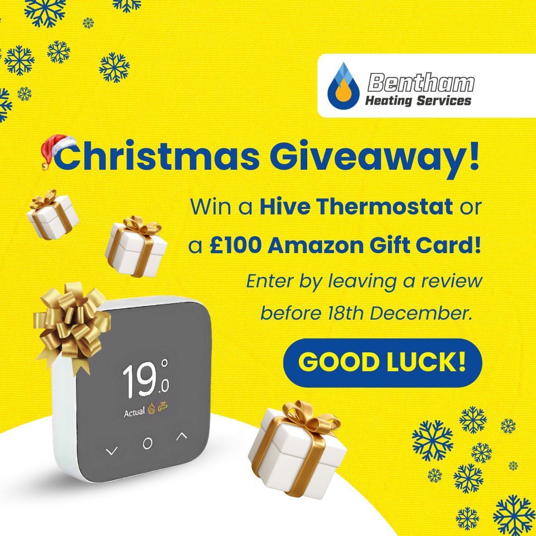 BenthamHeating's tweet photo. 🎄 Giveaway Alert! 🎄

To enter, simply leave us a review by Wednesday, 18th December – it’s that easy!

#ChristmasGiveaway #FestiveSeason #HiveThermostat #AmazonVoucher #FamilyBusiness #CosyHomes #WinterReady #HomeHeating #CustomerAppreciation  #BoilerCare #HeatingExperts https://t.co/hwayPJZpVK