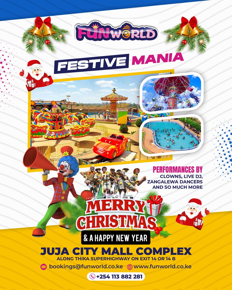 FunworldKe's tweet photo. 𝐇𝐎-𝐇𝐎-𝐇𝐎!! 𝐇𝐀𝐏𝐏𝐘 𝐇𝐎𝐋𝐈𝐃𝐀𝐘𝐒!!  
𝐂𝐡𝐫𝐢𝐬𝐭𝐦𝐚𝐬 𝐜𝐨𝐦𝐞𝐬 𝐨𝐧𝐜𝐞 𝐢𝐧 𝐚 𝐲𝐞𝐚𝐫 . 𝐅𝐔𝐍𝐖𝐎𝐑𝐋𝐃 𝐀𝐌𝐔𝐒𝐄𝐌𝐄𝐍𝐓 𝐏𝐀𝐑𝐊🎄. 

Contact us on +254 113 882 281.

#FunworldAmusementPark #Kids #Family #Rides #Enjoy #relax #Merryxmas #FestiveSeason2024 https://t.co/Gqj31rAWJa