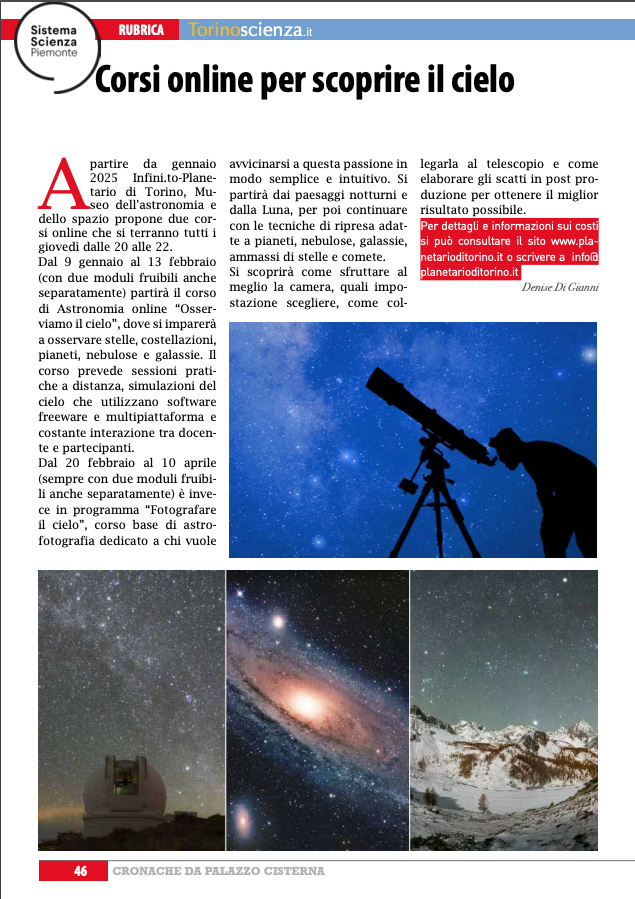 Sull'ultimo numero di #Cronache di <a href="/CittaMetroTO/">Città MetroTorino</a>, nella rubrica dedicata alla #scienza e al #sistemascienzapiemonte parliamo dei corsi di #Astronomia e #Astrofotografia di <a href="/Infini_to/">Planetario Torino</a> Planetario, Museo dell'Astronomia e dello Spazio