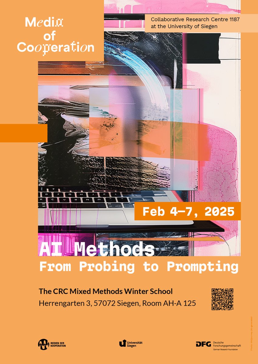 Collab. Research Center 1187 Media of Cooperation (@mediaofcoop) on Twitter photo Join us <a href="/UniSiegen/">Universität Siegen</a> for our Mixing Methods Winter School “AI Methods: From Probing to Prompting”. Registration is open until Dec 15
👉Programme & registration: u-si.de/FScqv
#mixedmethods #AI #digitalmethods #probing #prompting Join us <a href="/UniSiegen/">Universität Siegen</a> for our Mixing Methods Winter School “AI Methods: From Probing to Prompting”. Registration is open until Dec 15
👉Programme & registration: u-si.de/FScqv
#mixedmethods #AI #digitalmethods #probing #prompting