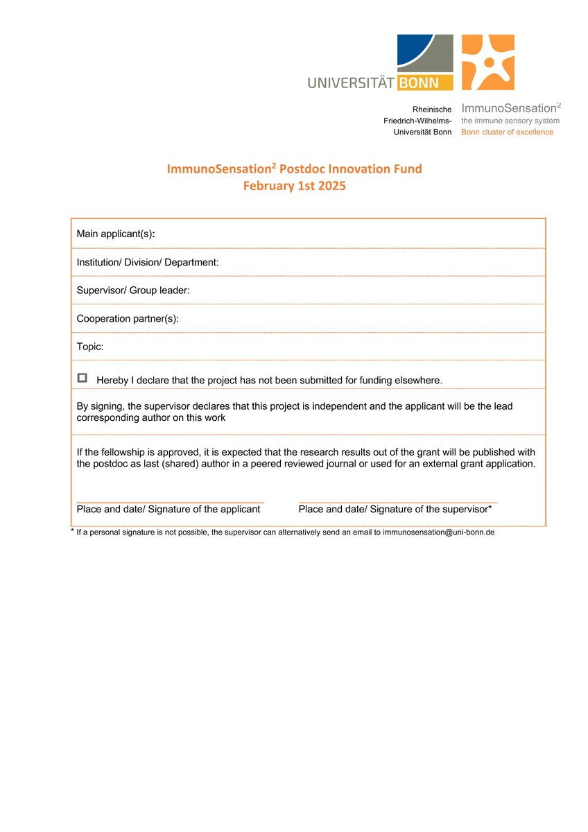 🚨 Apply now for the ImmunoSensation Postdoc Innovation Funds!

We are excited to invite early-career postdocs from the Cluster to apply for funding of up to €10,000 for a 12-month period. The funding period begins on February 1, 2025.

Application Deadline: January 10, 2025
