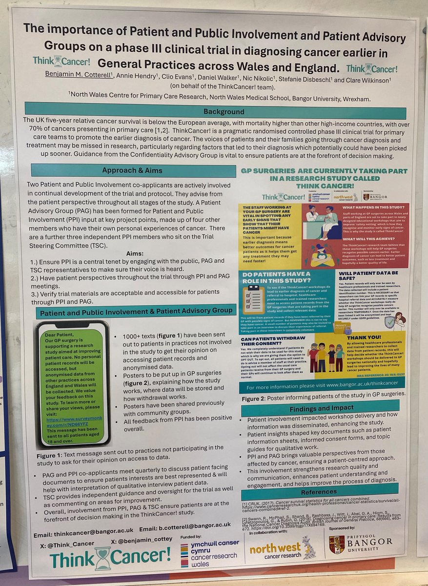 Benji Cotterell presented at the SAPC North Conference at the University of Liverpool recently on behalf of the ThinkCancer! team. His poster was titled 'The importance of PPI and PAG on a phase III clinical trial in diagnosis cancer earlier in GPs across Wales and England'.