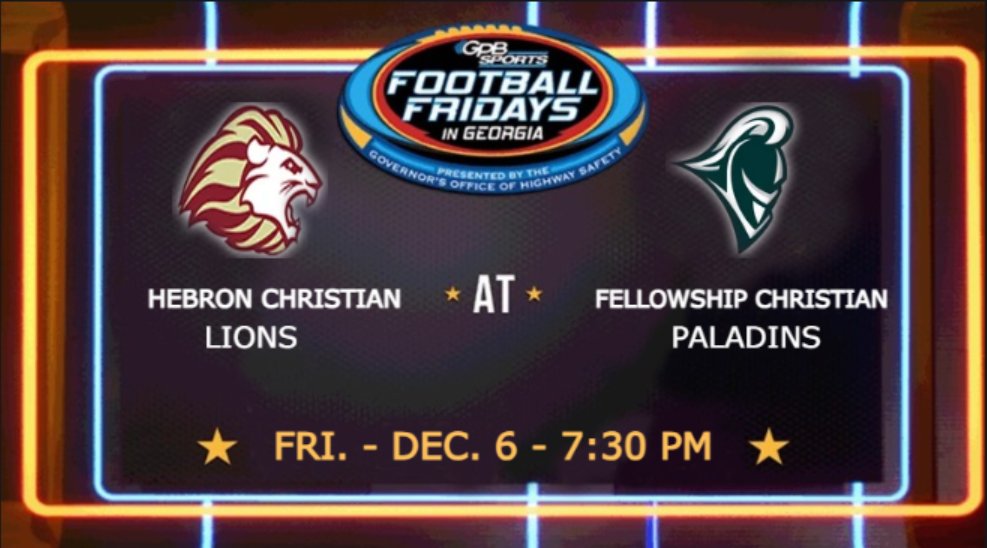 GPB Sports (@gpbsport_) on Twitter photo On Fri., Dec. 6 at 7:30 p.m
<a href="/HebronLionsFB/">Hebron Lions Football</a> vs <a href="/PaladinsFCS/">Fellowship Christian Athletics</a>
More details โก๏ธ bit.ly/2YLeEyF
<a href="/FCS_Recruiting/">Paladins Recruiting</a> <a href="/MikeHaynes81/">Mike Haynes</a> <a href="/EvanHaynes/">Evan Haynes</a> <a href="/FCS_Recruiting/">Paladins Recruiting</a> <a href="/HebronLions/">Hebron Christian Academy</a> <a href="/hcaathletic/">HCA Athletics</a> <a href="/HebronLions/">Hebron Christian Academy</a> <a href="/Tstall18/">Thomas Stallworth</a> <a href="/Terrencemelton/">Terrence Melton</a> <a href="/JoshMilhollin85/">Josh Milhollin</a> <a href="/Jg6six/">Jeremiah Gavin Hall</a> <a href="/TysonCraig_4/">Tyson Craig</a> <a href="/SpencerGArnold/">Spencer Arnold</a> On Fri., Dec. 6 at 7:30 p.m
<a href="/HebronLionsFB/">Hebron Lions Football</a> vs <a href="/PaladinsFCS/">Fellowship Christian Athletics</a>
More details โก๏ธ bit.ly/2YLeEyF
<a href="/FCS_Recruiting/">Paladins Recruiting</a> <a href="/MikeHaynes81/">Mike Haynes</a> <a href="/EvanHaynes/">Evan Haynes</a> <a href="/FCS_Recruiting/">Paladins Recruiting</a> <a href="/HebronLions/">Hebron Christian Academy</a> <a href="/hcaathletic/">HCA Athletics</a> <a href="/HebronLions/">Hebron Christian Academy</a> <a href="/Tstall18/">Thomas Stallworth</a> <a href="/Terrencemelton/">Terrence Melton</a> <a href="/JoshMilhollin85/">Josh Milhollin</a> <a href="/Jg6six/">Jeremiah Gavin Hall</a> <a href="/TysonCraig_4/">Tyson Craig</a> <a href="/SpencerGArnold/">Spencer Arnold</a>