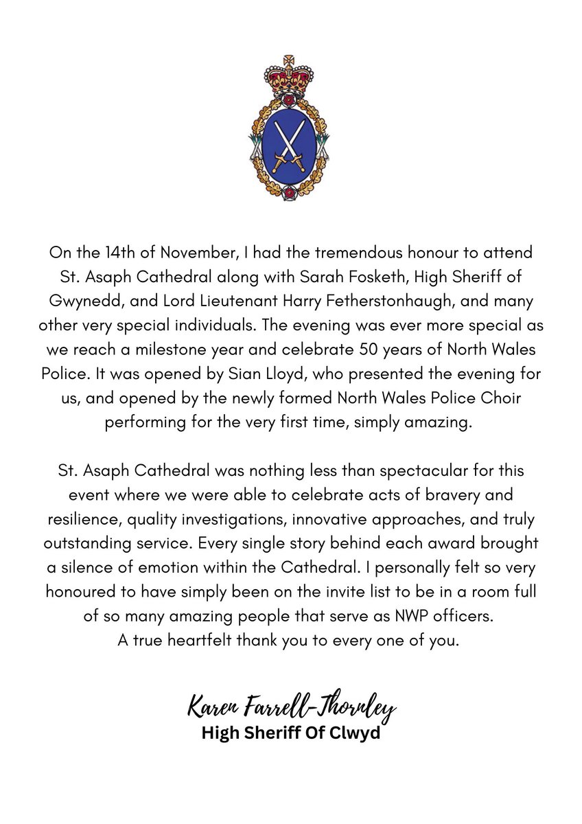 hsclwyd's tweet photo. On the 14th of November, I had the honour to attend St. Asaph Cathedral along with Sarah Fosketh, High Sheriff of Gwynedd, and Lord Lieutenant Harry Fetherstonhaugh, and many other very special individuals. #Highsheriffs #Northwalespolice https://t.co/nogVTo0a98