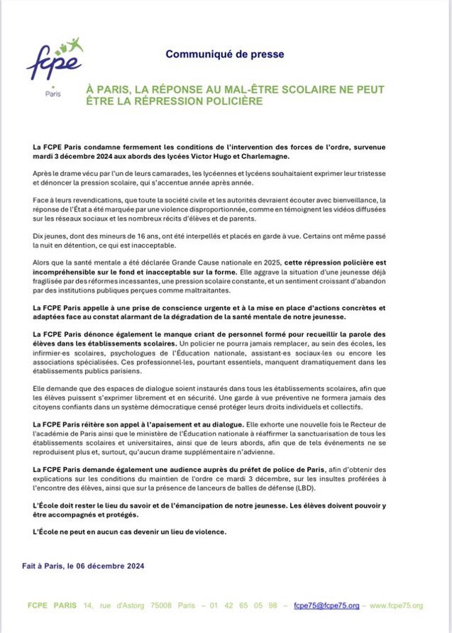 La <a href="/FCPE_Paris/">FCPE Paris</a> condamne fermement les conditions de l’intervention des forces de l’ordre, survenue mardi 3 décembre 2024 aux abords des lycées Victor Hugo et Charlemagne et demande des explications à la <a href="/prefpolice/">Préfecture de Police</a>

fcpe75.org/a-paris-la-rep…