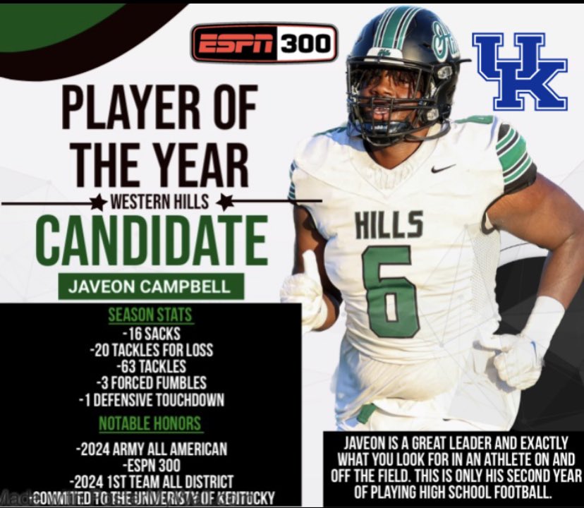 Western Hills Football (@whillsfootball) on Twitter photo Class of ‘25 <a href="/JaveonCampbell/">Javeon Campbell</a> has been named one of four finalist for the Wells Fargo National Player of The Year.
Javeon will be flying out this weekend to New York City for the award ceremony! He is the first player in school history named to the award! <a href="/KYHighFootball/">KY HIGH FOOTBALL 🏈</a> Class of ‘25 <a href="/JaveonCampbell/">Javeon Campbell</a> has been named one of four finalist for the Wells Fargo National Player of The Year.
Javeon will be flying out this weekend to New York City for the award ceremony! He is the first player in school history named to the award! <a href="/KYHighFootball/">KY HIGH FOOTBALL 🏈</a>