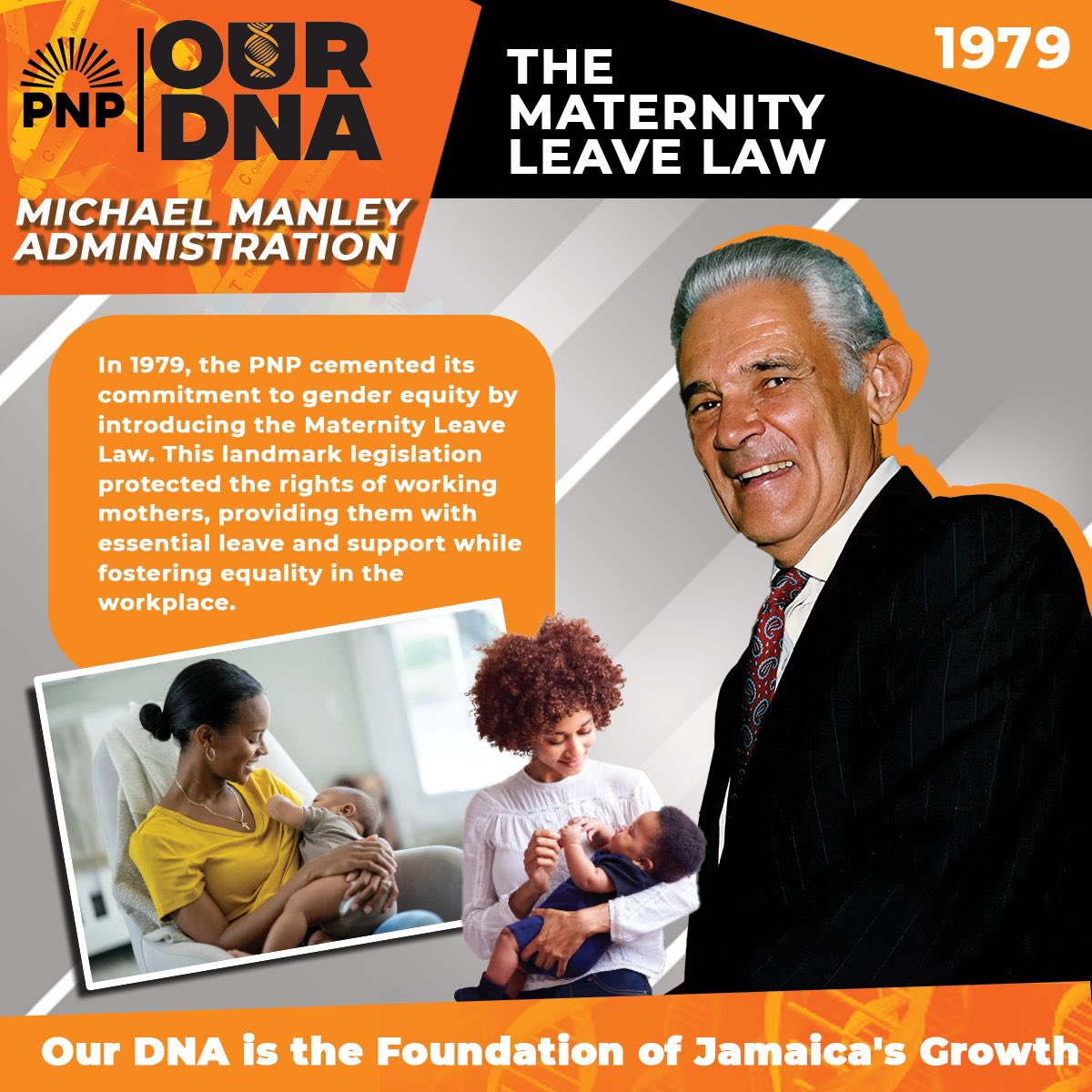 JamaicaPNP's tweet photo. In 1979, the PNP cemented its commitment to gender equity by introducing the Maternity Leave Law. This landmark legislation protected the rights of working mothers, providing them with essential leave and support while fostering equality in the workplace. #peopletimecome #OurDNA https://t.co/bo16Zu02sD