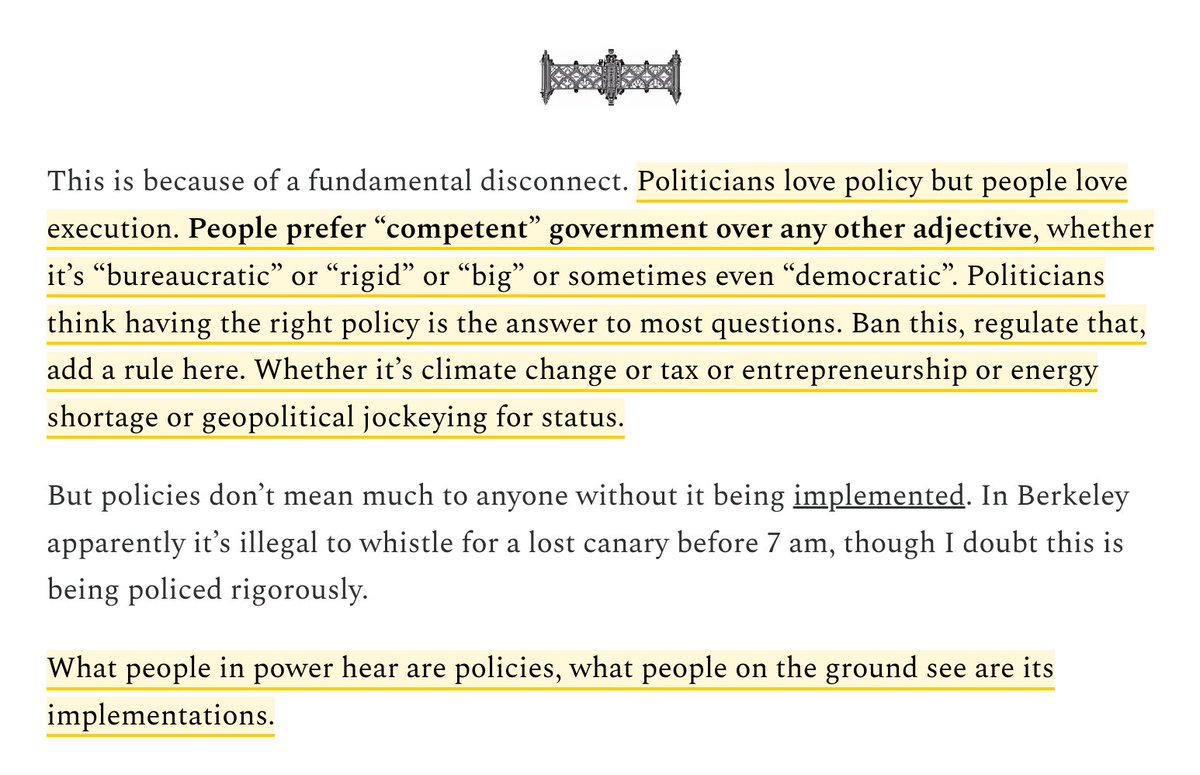colemanm's tweet photo. "But bad implementation is endemic. It’s everywhere. State capacity is anaemic. And until it can be fixed, there can be no party of competence."

@krishnanrohit on lack of competence in government

this insight on the delta between policy and implementation is an important one: https://t.co/4kwygB3Sq9