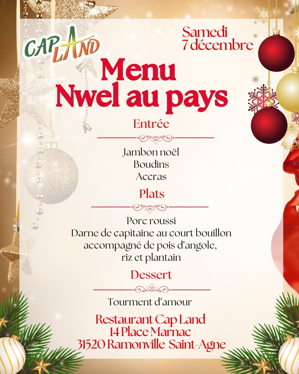 restocapland's tweet photo. 🎄 Célébrez Noël avec Thimothey Herelle et nos DJ maison au restaurant Cap Land ! 🎄
Nous vous donnons rendez-vous demain à partir de 20h !

📅 Samedi 7 décembre, 20h
📍 14 Place Marnac 31520 Ramonville Saint-Agne
Infos et résa au 05 62 17 16 80 / 06 51 86 22 02 ou sur Bizouk https://t.co/PmZK3qoNQH