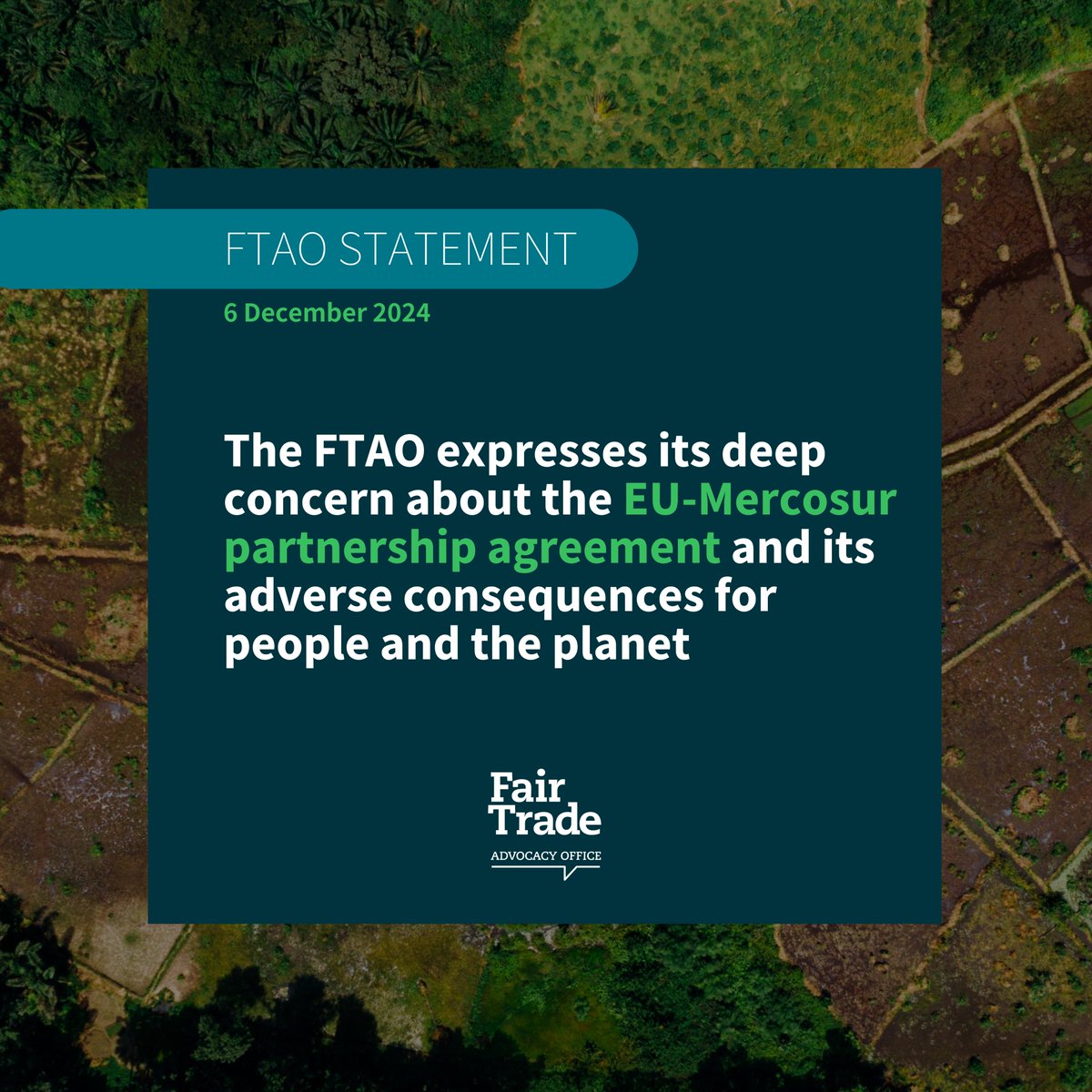 FairTradeFTAO's tweet photo. The #EUMercosur agreement raises concerns over its potential impact on climate, biodiversity and the livelihoods of farmers and workers.

The FTAO regrets ignored civil society demands and lack of transparency in the negotiations.

Our full statement ⤵️
https://t.co/gu86D4OJHQ https://t.co/f9Wrj9jwSE