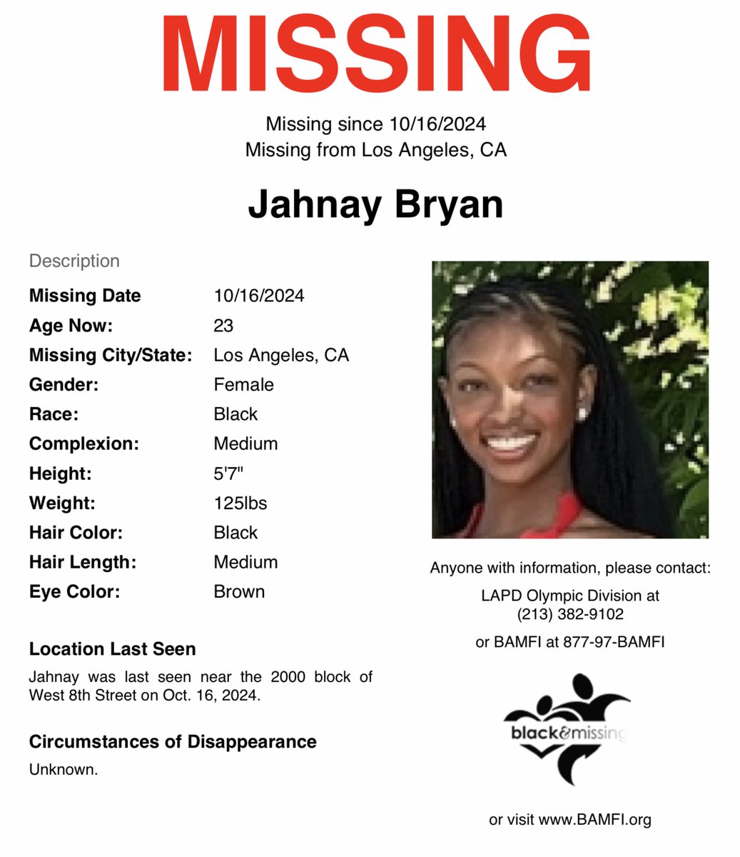 BAM_FI's tweet photo. #LosAngeles, #California: 23y/o Cornell grad Jahnay Bryan mysteriously vanished on Oct 16.  She was last seen near the 2000 block of West 8th Street in #LA.  “Her family is desperate for answers and frustrated by the lack of progress in solving her case.” - LA Times
#JahnayBryan https://t.co/bj9wqzvNFW