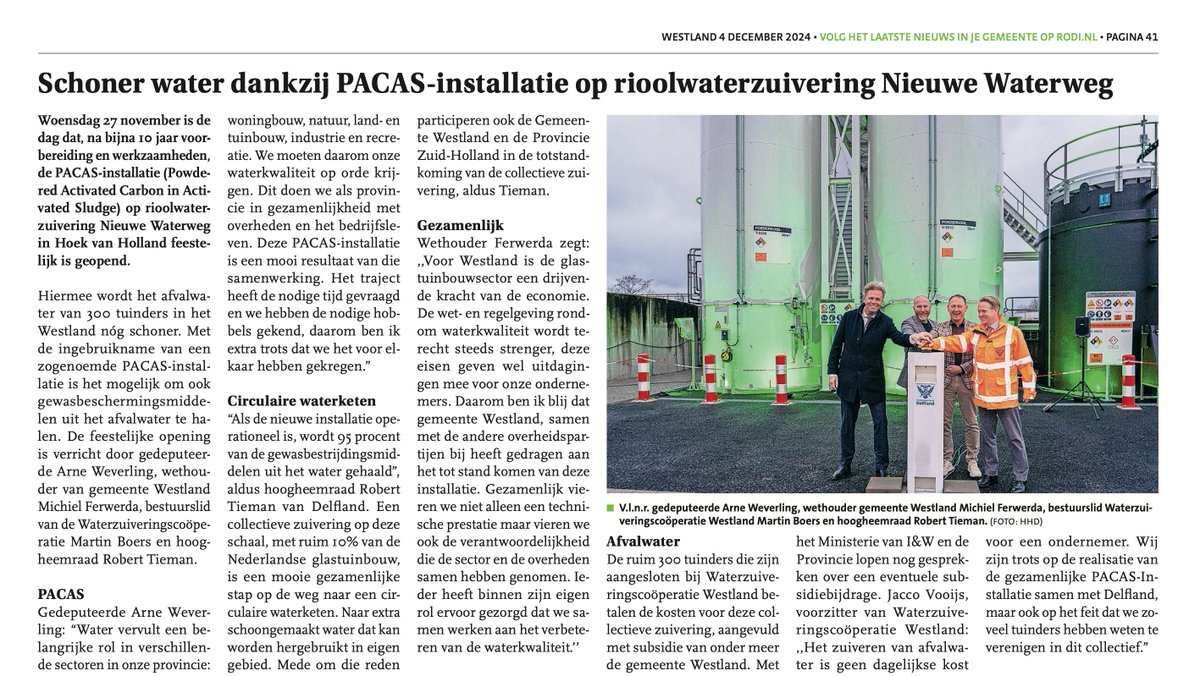 "Schoner water dankzij PACAS-installatie op rioolwaterzuivering Nieuwe Waterweg &amp; Ondanks enkele overtredingen gaan veel telers bewust met water om". Dit en meer #glastuinbouw nieuws lees je terug op onze wekelijkse pagina in <a href="/RodiWestland/">Rodi.nl Westland</a>. Lees je mee? bit.ly/49qfBkM