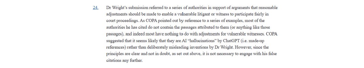Latest judgment in saga over who created Bitcoin contains a possible example of AI-inspired submissions to an English court, with "hallucinated cases"
caselaw.nationalarchives.gov.uk/ewhc/ch/2024/3…