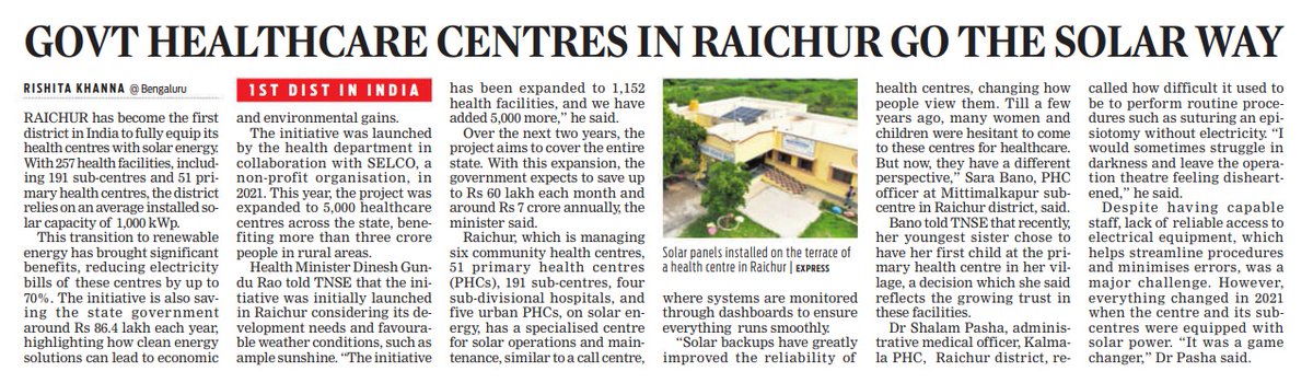 NsBoseraju's tweet photo. Raichur sets a benchmark as India's first district to fully equip all healthcare centers with solar energy! With 257 health facilities, including 191 sub-centers, this initiative by the @INCKarnataka government under the dynamic leadership of our Hon'ble CM Shri @siddaramaiah and DCM Shri @DKShivakumar, showcases our commitment to sustainable development and a holistic approach in healthcare.

By leveraging renewable energy, we've significantly cut electricity costs by up to 70%, saving ₹86.4 lakh annually, while ensuring uninterrupted services for rural communities. This transition is not just economic—it has transformed perceptions of healthcare and strengthened public trust in government systems.

My sincere gratitude to all the stakeholders in our Karnataka Congress government for leading by example and proving that clean energy and public welfare can go hand in hand. Together, we pave the way for a brighter, healthier future! 

#SustainableDevelopment #Karnataka #CongressForProgress #RenewableEnergy #RebootRaichur