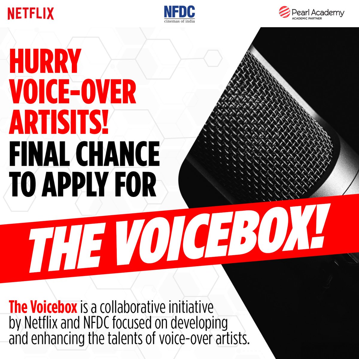 nfdcindia's tweet photo. Final call for voice-over artists! Step into The Voicebox and elevate your craft with Netflix and NFDC. Don’t miss this golden opportunity—limited seats!
📍 Delhi: Dec 9-14, 2024
📍 Mumbai: Jan 6-11, 2025
🔗 Apply now—scan the code!
#TheVoicebox #VoiceOverArtists #NetflixIndia https://t.co/L5HP2ci7fT