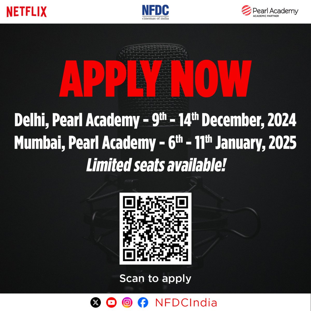 nfdcindia's tweet photo. Final call for voice-over artists! Step into The Voicebox and elevate your craft with Netflix and NFDC. Don’t miss this golden opportunity—limited seats!
📍 Delhi: Dec 9-14, 2024
📍 Mumbai: Jan 6-11, 2025
🔗 Apply now—scan the code!
#TheVoicebox #VoiceOverArtists #NetflixIndia https://t.co/L5HP2ci7fT