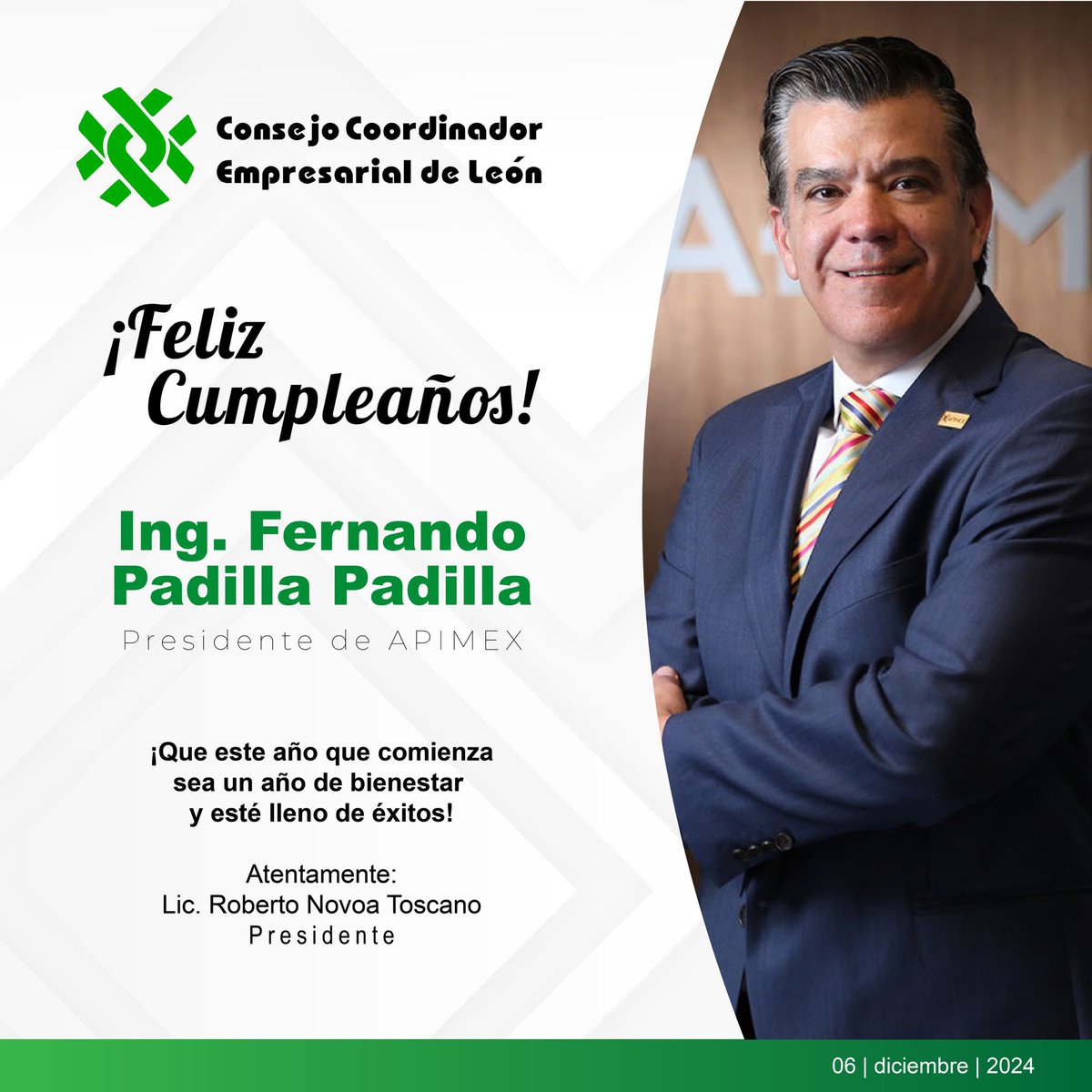 cceleon's tweet photo. Con mucho gusto y aprecio, felicitamos con motivo de su cumpleaños a Fernando Padilla Padilla, Presidente de la @APIMEX_ORG.
Deseamos que sea un año lleno de salud, bienestar y éxitos.
#Cumpleaños #Presidente #Apimex https://t.co/bQcQUhTGkG