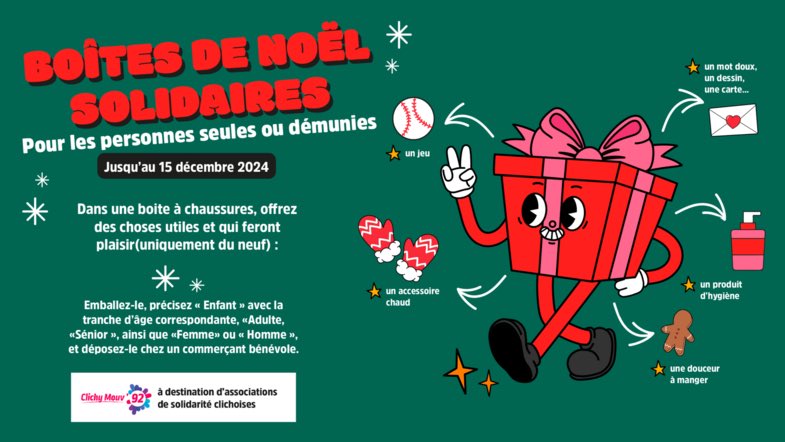 🎁la Ville lance l’opération des boîtes à chaussures solidaires pour les personnes les plus démunies🎄
📆La collecte de boîtes à chaussures solidaires de Noël aura lieu du 2 au 15 décembre 2024.
Ou déposer ma boîte ? 
📲Infos : ville-clichy.fr/actualite/6084…