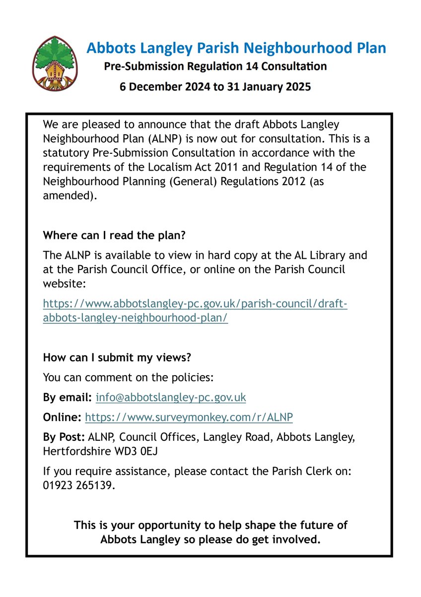 ALNP Pre-Submission Reg 14 Consultation - 6th Dec 2024 to 31st Jan 2025. View the draft plan and provide feedback at abbotslangley-pc.gov.uk/parish-council…   #NeighbourhoodPlan #AbbotsLangley