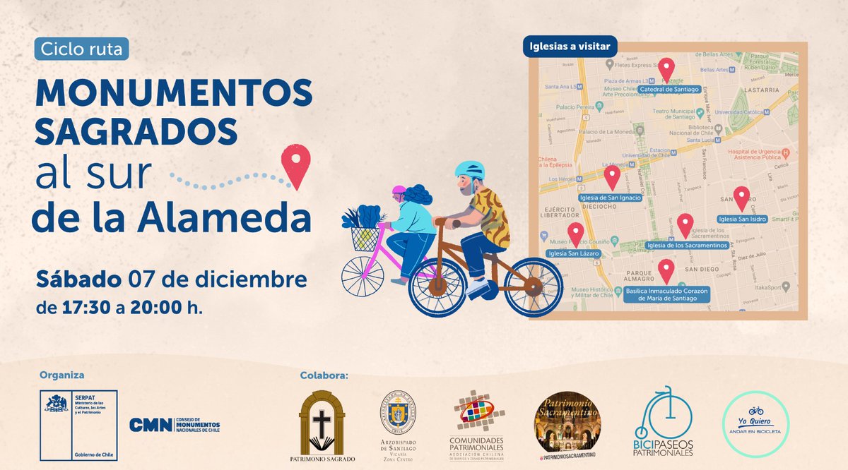HABEMUS CICLORUTA! Mañana sábado vuelve el pedaleo patrimonial. Organiza <a href="/Monumentos_cl/">Consejo de Monumentos Nacionales de Chile</a> y colaboran varias organizaciones, entre ellas <a href="/Bici_paseos/">Bicipaseos Patrimoniales</a> Patrimoniales.
Nos vemos en el frontis de la Catedral a las 17:30h ⛪🚲📍
#patrimoniosagrado