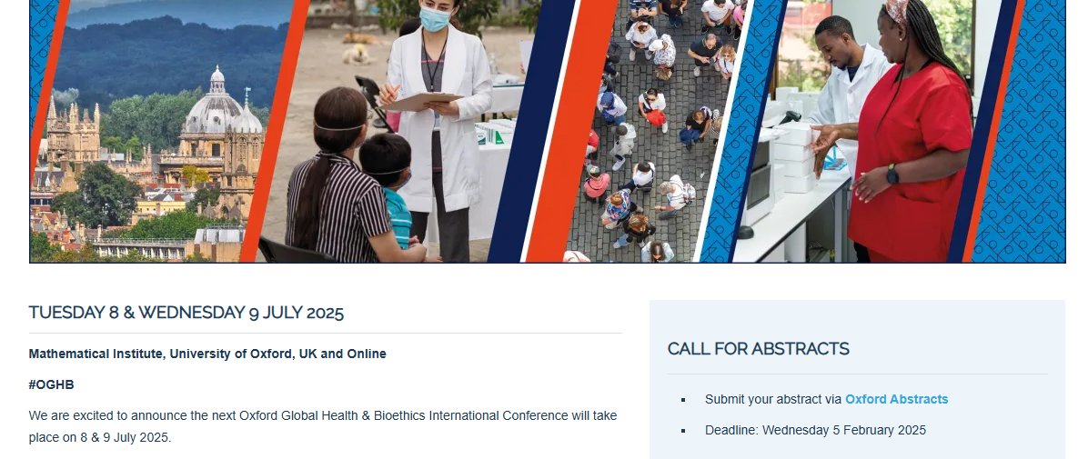 Oxford-Johns Hopkins Global Health Ethics (@gblbioethics) on Twitter photo 🌟We are excited to announce the Call for Abstracts for the 2025 Oxford Global Health & Bioethics International Conference #OGHB 🌟
➡️oxjhubioethics.org/conference
➡️Submission Deadline: 5 Feb 2025
8&9 July 2025, Oxford & Online. Hope to see you there!
<a href="/Ethox_Centre/">Ethox Centre</a> <a href="/bermaninstitute/">Johns Hopkins Berman Institute of Bioethics</a> 🌟We are excited to announce the Call for Abstracts for the 2025 Oxford Global Health & Bioethics International Conference #OGHB 🌟
➡️oxjhubioethics.org/conference
➡️Submission Deadline: 5 Feb 2025
8&9 July 2025, Oxford & Online. Hope to see you there!
<a href="/Ethox_Centre/">Ethox Centre</a> <a href="/bermaninstitute/">Johns Hopkins Berman Institute of Bioethics</a>